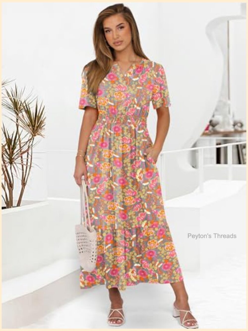 Women's Short Sleeve Maxi Dress V-Neck High Waist A-Line Flowy Tiered Boho - Picture 2 of 7